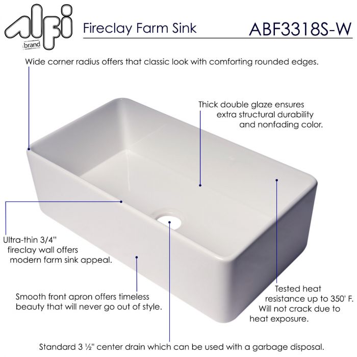 Alfi brand ABF3318S Smooth Apron 33" x 18" Single Bowl Fireclay Farm Sink