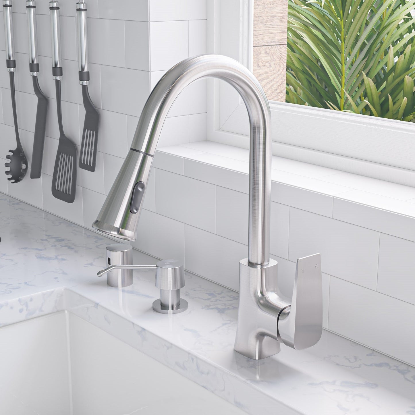 Alfi brand ABKF3889 Square Gooseneck Pull Down Kitchen Faucet