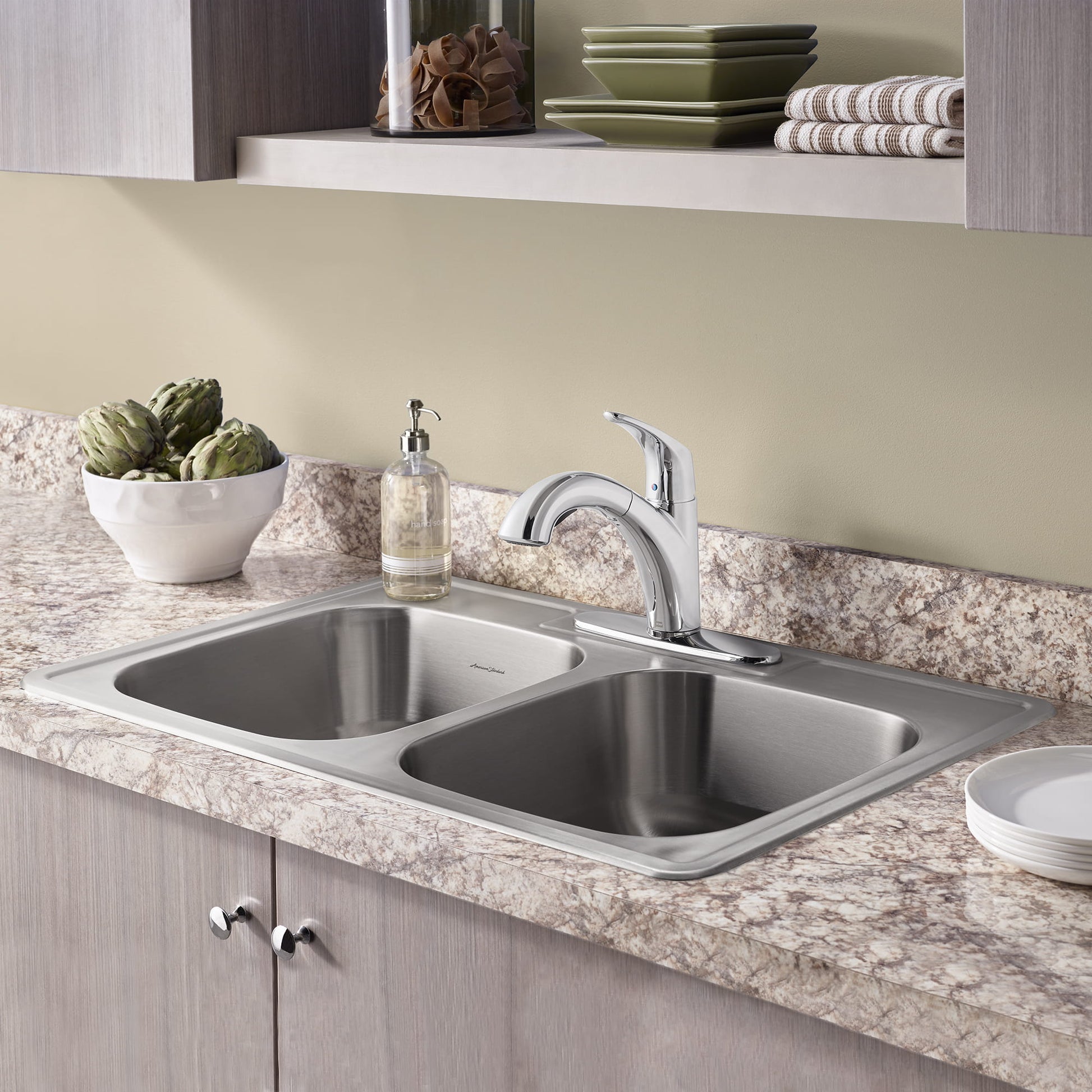 American Standard Colony® 33 x 22-Inch Stainless Steel 3-Hole Top Mount Double-Bowl ADA Kitchen Sink - 22DB.6332283S