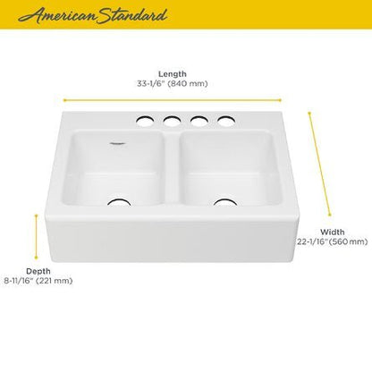 American Standard Delancey® 33 x 22-Inch Cast Iron 4-Hole Undermount Double-Bowl Apron Front Kitchen Sink - 77DB33220A