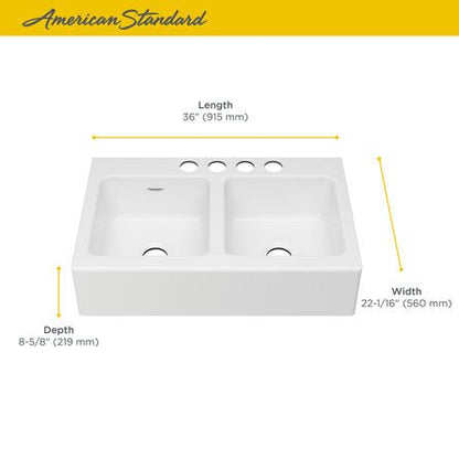American Standard Delancey® 36 x 22-Inch Cast Iron 4-Hole Undermount Double-Bowl Apron Front Kitchen Sink - 77DB36220A