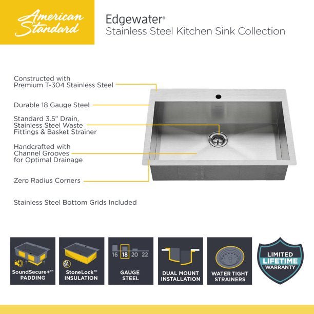 American Standard Edgewater® 33 x 22-Inch Stainless Steel 1-Hole Dual Mount Double-Bowl Kitchen Sink - 18DB.9332211
