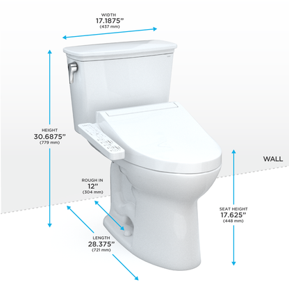 TOTO® Drake® Transitional WASHLET®+ Two-Piece Elongated 1.28 GPF Universal Height TORNADO FLUSH® Toilet with C2 Bidet Seat, Cotton White - MW7863074CEFG#01