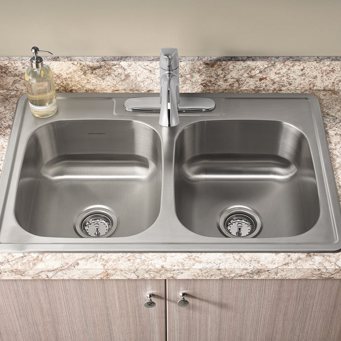 American Standard Colony® 33 x 22-Inch Stainless Steel 4-Hole Topmount Double-Bowl Kitchen Sink - 20DB.8332284S Kitchen Sink American Standard   