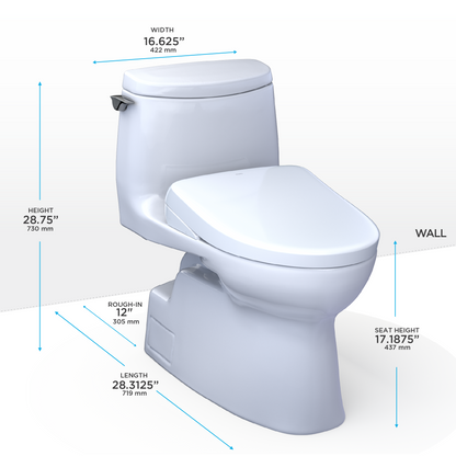 TOTO® WASHLET®+ Carlyle® II 1G® One-Piece Elongated 1.0 GPF Toilet and WASHLET®+ S7A Contemporary Bidet Seat, Cotton White - MW6144736CUFG#01