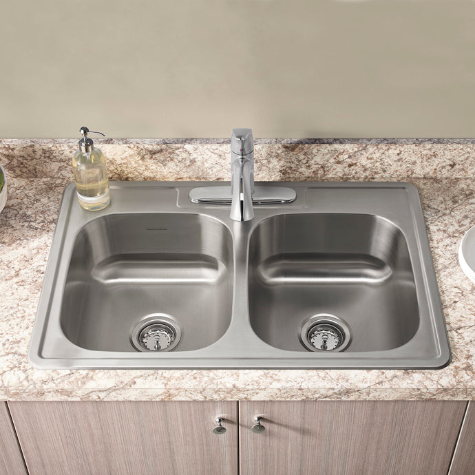 American Standard Colony® 33 x 22-Inch Stainless Steel 3-Hole Topmount Double-Bowl Kitchen Sink - 20DB.8332283S Kitchen Sink American Standard   