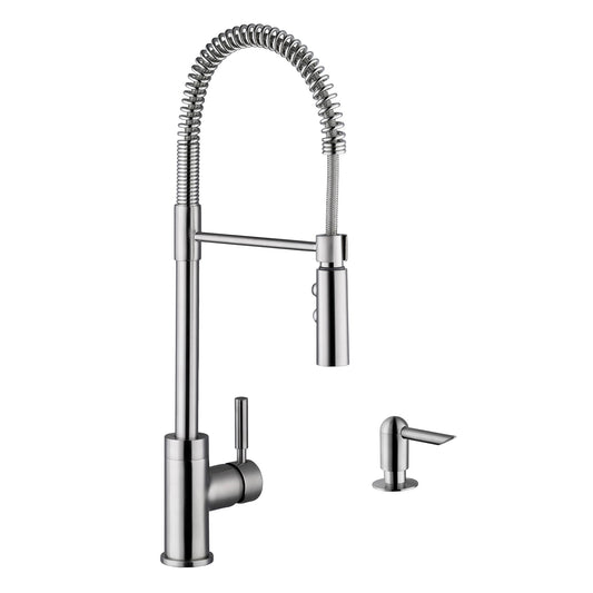 Industrial 1-Handle Pull-Down Kitchen Faucet with Dispenser in Brushed Nickel