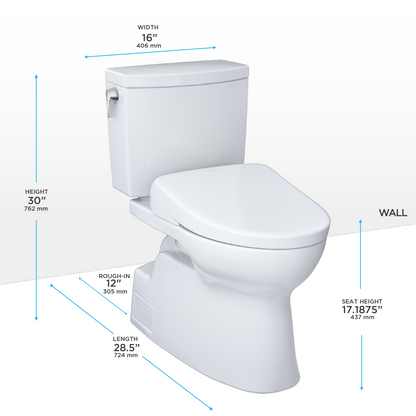 TOTO® WASHLET®+ Vespin® II 1G® Two-Piece Elongated 1.0 GPF Toilet with Auto Flush WASHLET®+ S7 Contemporary Bidet Seat, Cotton White - MW4744726CUFGA#01