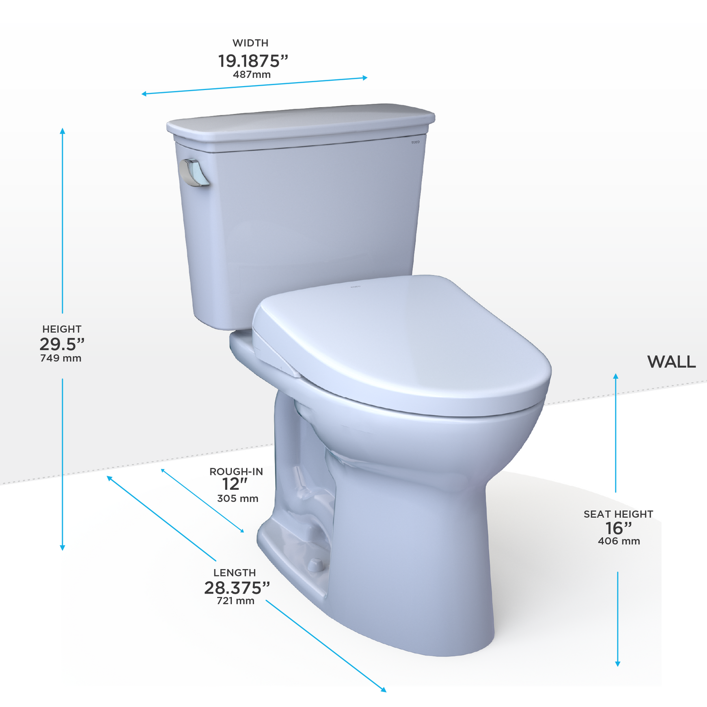 TOTO® Drake® Transitional WASHLET®+ Two-Piece Elongated 1.28 GPF TORNADO FLUSH® Toilet and S7 Bidet Seat with Auto Flush, Cotton White - MW7864726CEGA#01