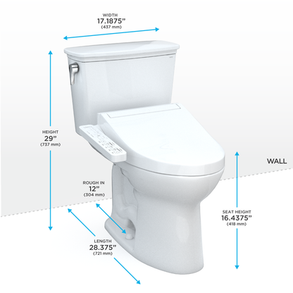 TOTO® Drake® Transitional WASHLET®+ Two-Piece Elongated 1.28 GPF TORNADO FLUSH® Toilet with C2 Bidet Seat, Cotton White - MW7863074CEG#01