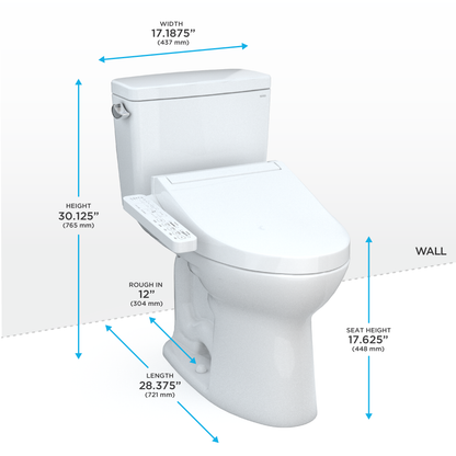 TOTO® Drake® WASHLET®+ Two-Piece Elongated 1.6 GPF Universal Height TORNADO FLUSH® Toilet with C2 Bidet Seat, Cotton White - MW7763074CSFG#01