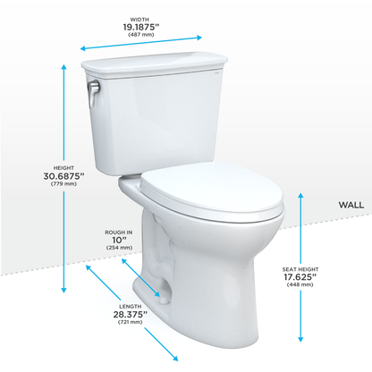 TOTO® Drake® Transitional Two-Piece Elongated 1.28 GPF Universal Height TORNADO FLUSH ® Toilet with 10 Inch Rough-In, CEFIONTECT®, and SoftClose® Seat, WASHLET®+ Ready, Cotton White - MS786124CEFG.10#01