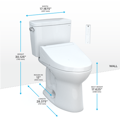 TOTO® Drake® WASHLET®+ Two-Piece Elongated 1.28 GPF Universal Height TORNADO FLUSH® Toilet with C5 Bidet Seat, Cotton White - MW7763084CEFG#01
