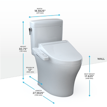 TOTO® WASHLET®+ Aquia IV® Cube Two-Piece Elongated Dual Flush 1.28 and 0.9 GPF Toilet with C2 Bidet Seat, Cotton White - MW4363074CEMFGN#01