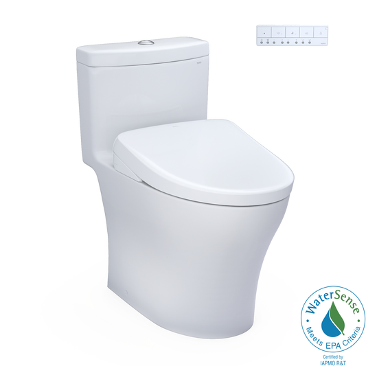 TOTO® WASHLET®+ Aquia® IV One-Piece Elongated Dual Flush 1.28 and 0.9 GPF Toilet with Auto Flush S7A Contemporary Bidet Seat, Cotton White - MW6464736CEMFGNA#01