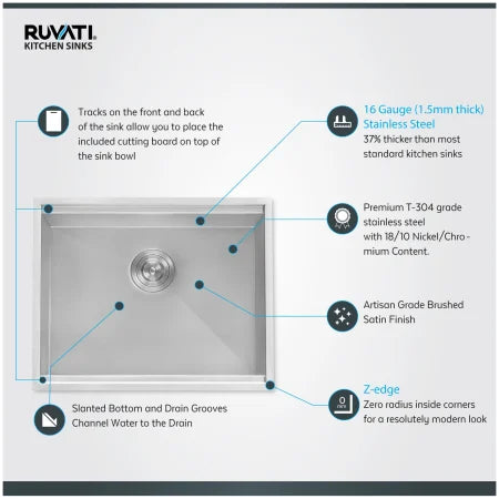 Ruvati 15" Workstation Bar Prep Sink Ledge Undermount 16 Gauge Stainless Steel Single Bowl - RVH8304