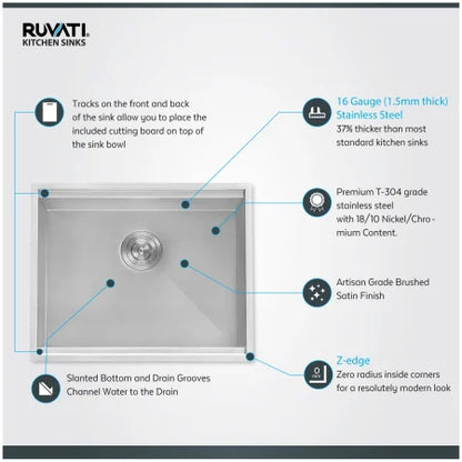 Ruvati 23" Workstation Ledge Bar Prep Kitchen Sink Undermount 16 Gauge Stainless Steel Single Bowl - RVH8308