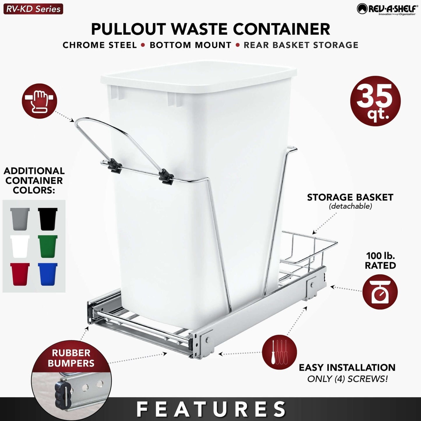 Rev-A-Shelf - Chrome Steel Pull Out Waste/Trash Container w/Rear Basket Storage - RV-12KD-17C S