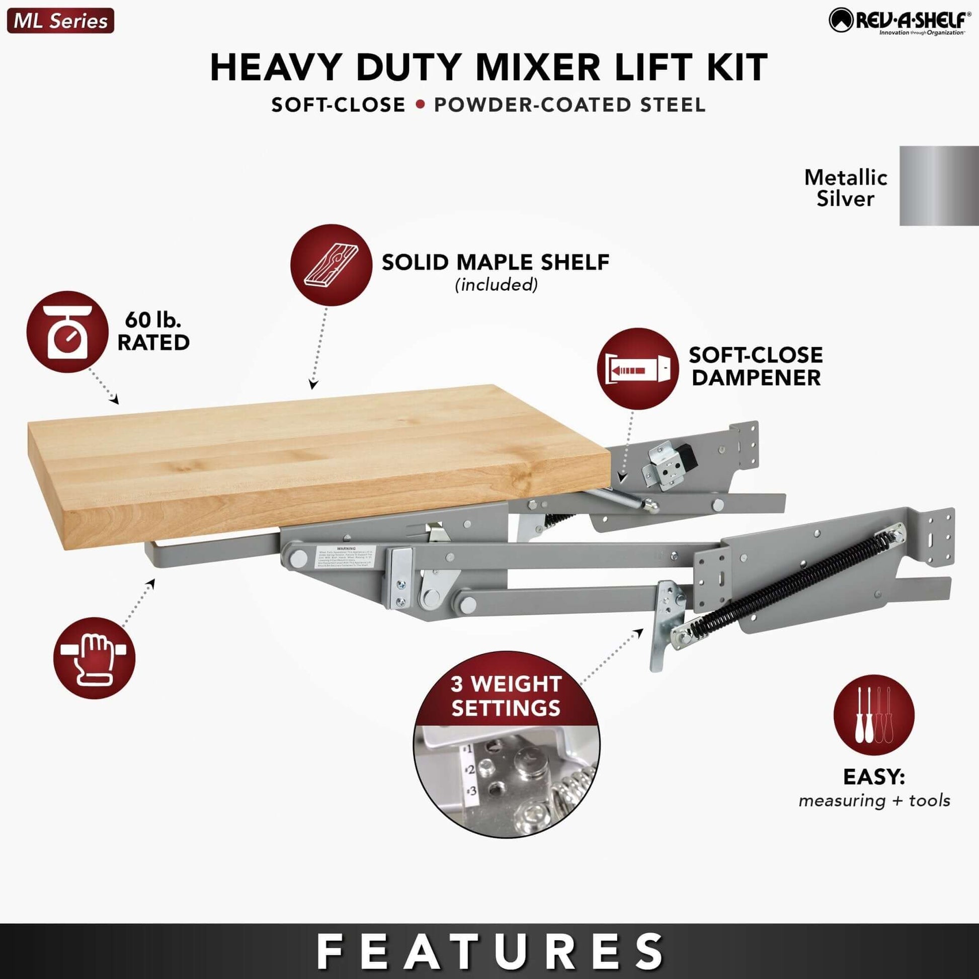 Rev-A-Shelf - Mixer/Appliance Lifting System w/ Shelf Included for Base Cabinets - ML-MPHDSCCR-18