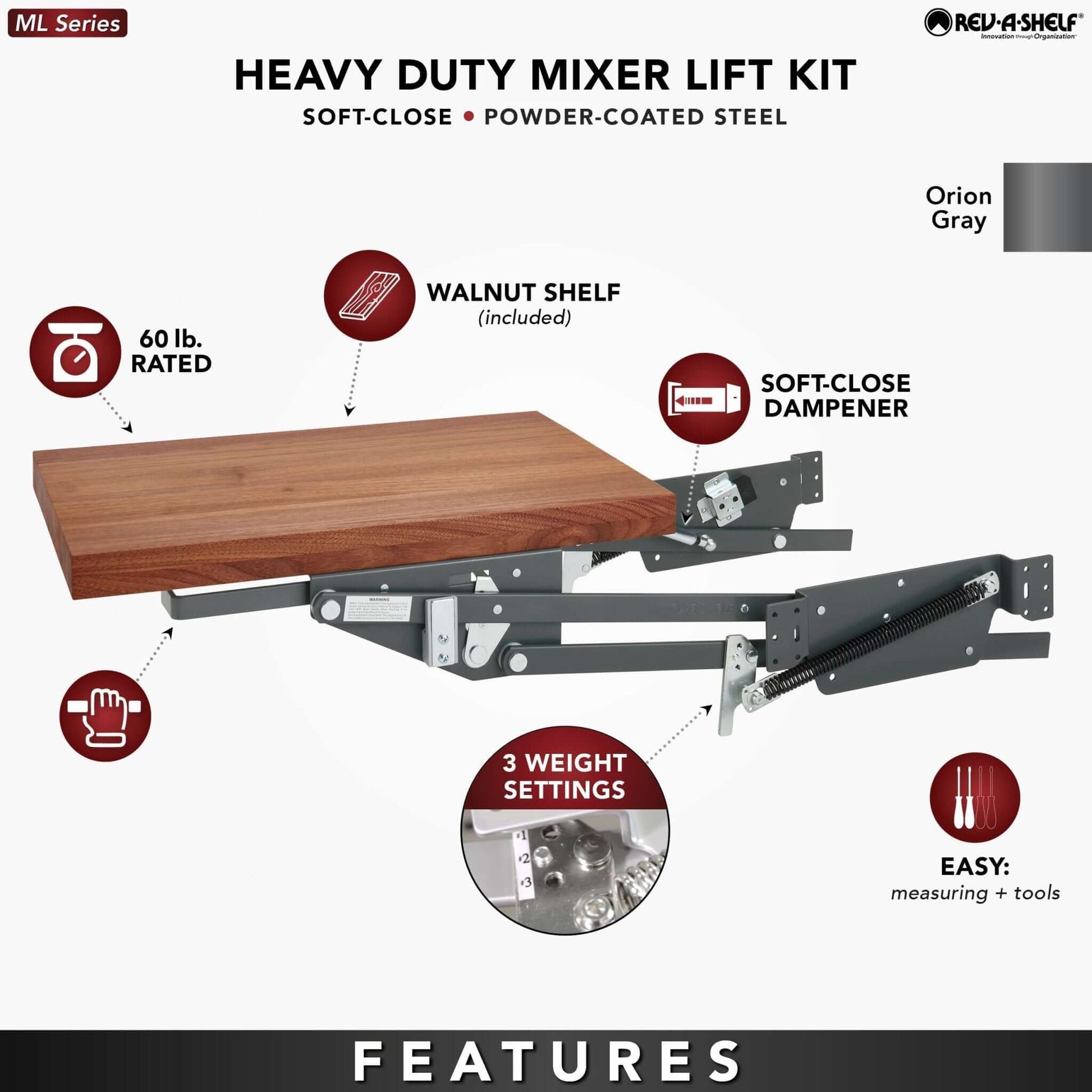 Rev-A-Shelf - Mixer/Appliance Lifting System w/ Shelf Included for Base Cabinets - ML-MPHDSCCR-18