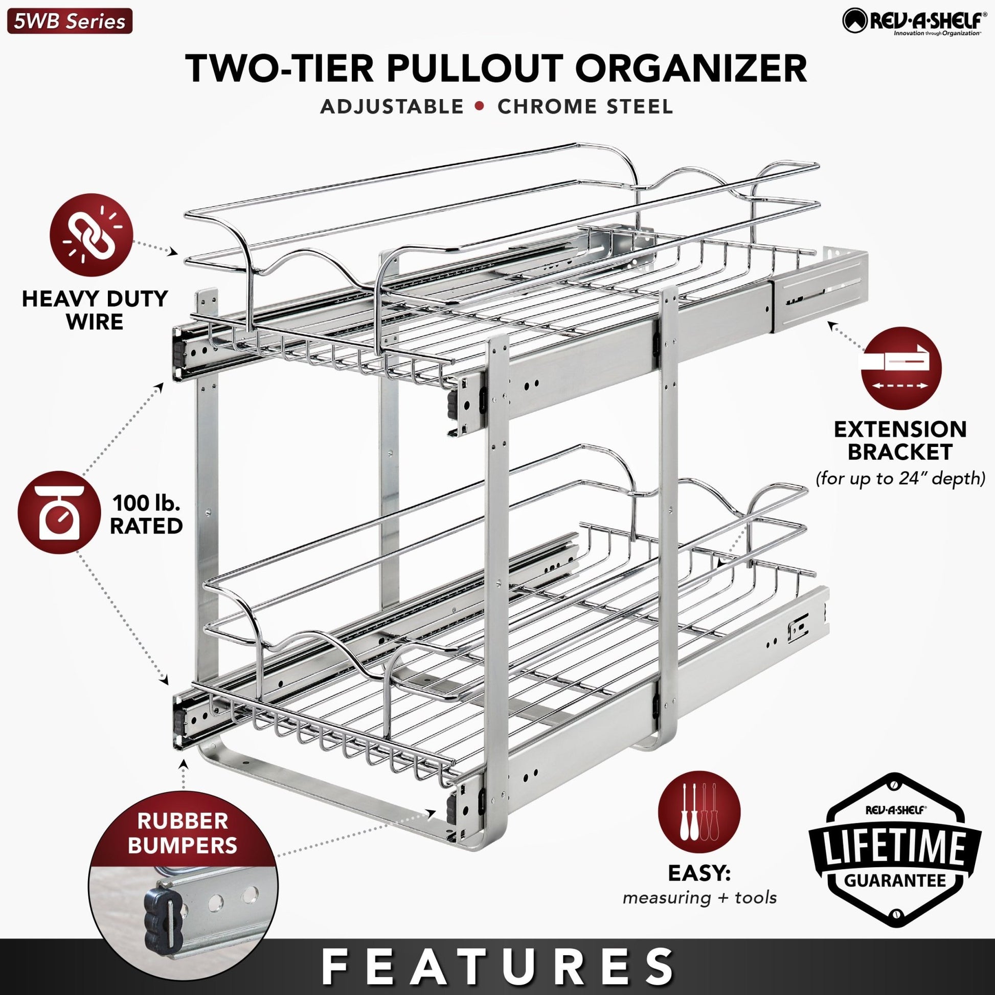 Rev-A-Shelf - Two-Tier Bottom Mount Pull Out Steel Wire Organizer - 5WB2-1222CR-1