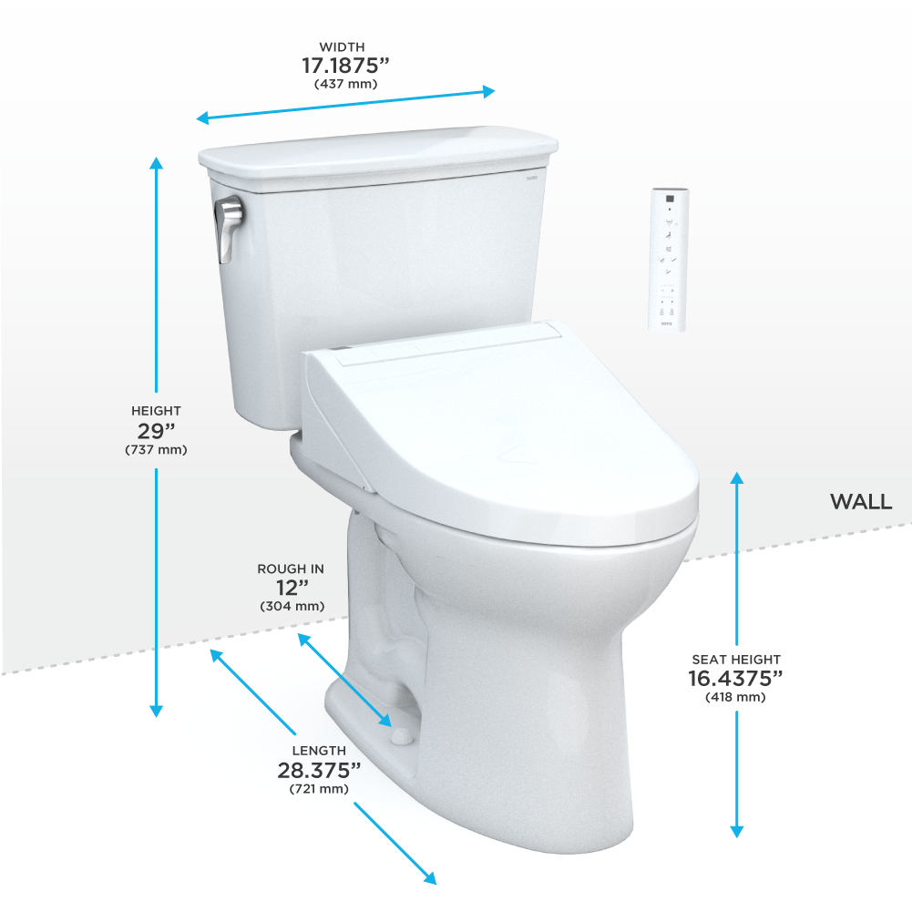 TOTO® Drake® Transitional WASHLET®+ Two-Piece Elongated 1.28 GPF TORNADO FLUSH® Toilet with C5 Bidet Seat, Cotton White - MW7863084CEG#01