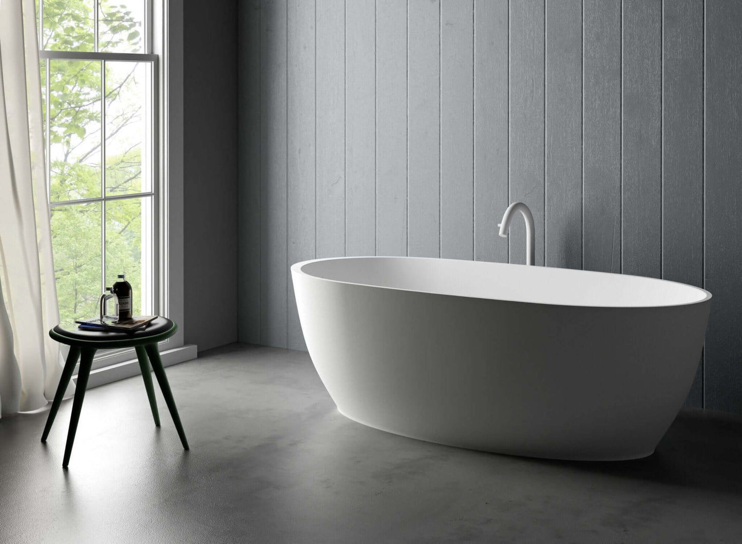 Ruvati White Canali epiStone Oval Freestanding Bath Tub - In Minimalistic Bathroom