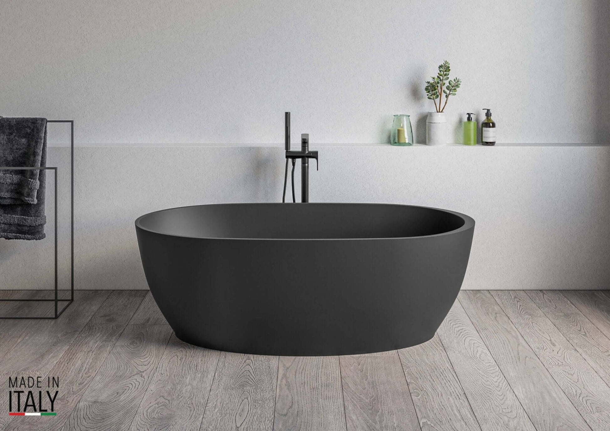 Ruvati 59″ x 27.5" Matte Black Free-Standing Canali Bathtub - Side View in White Bathroom