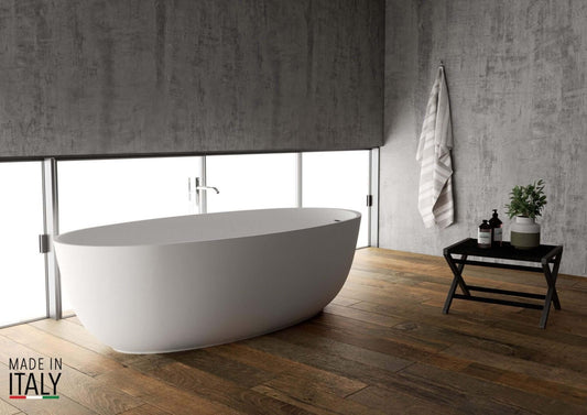 Ruvati Canali Matte White epiStone Oval Freestanding Bathtub - In Earthy Neutral Bathroom