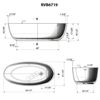 Ruvati Canali 66" Matte White epiStone Oval Freestanding Bath Tub - Specification Sheet