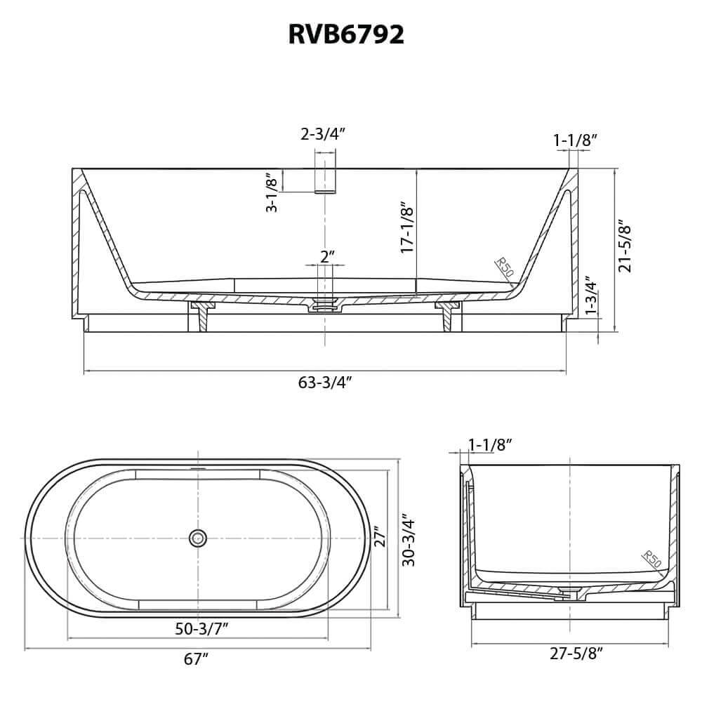 Ruvati 67-inch Fluted Freestanding Soaking Bathtub - Specification Sheet