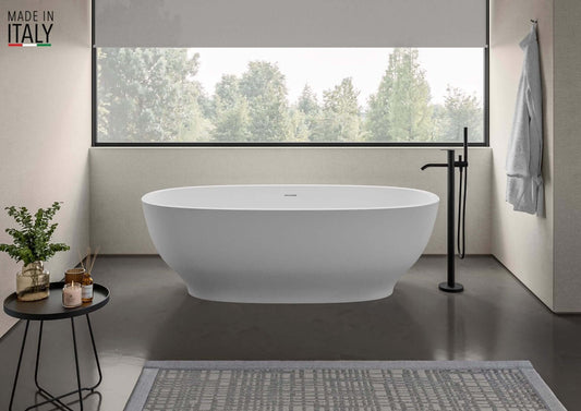 Ruvati Viola epiStone Oval Freestanding Bathtub - White, In Designer Showcase Bathroom