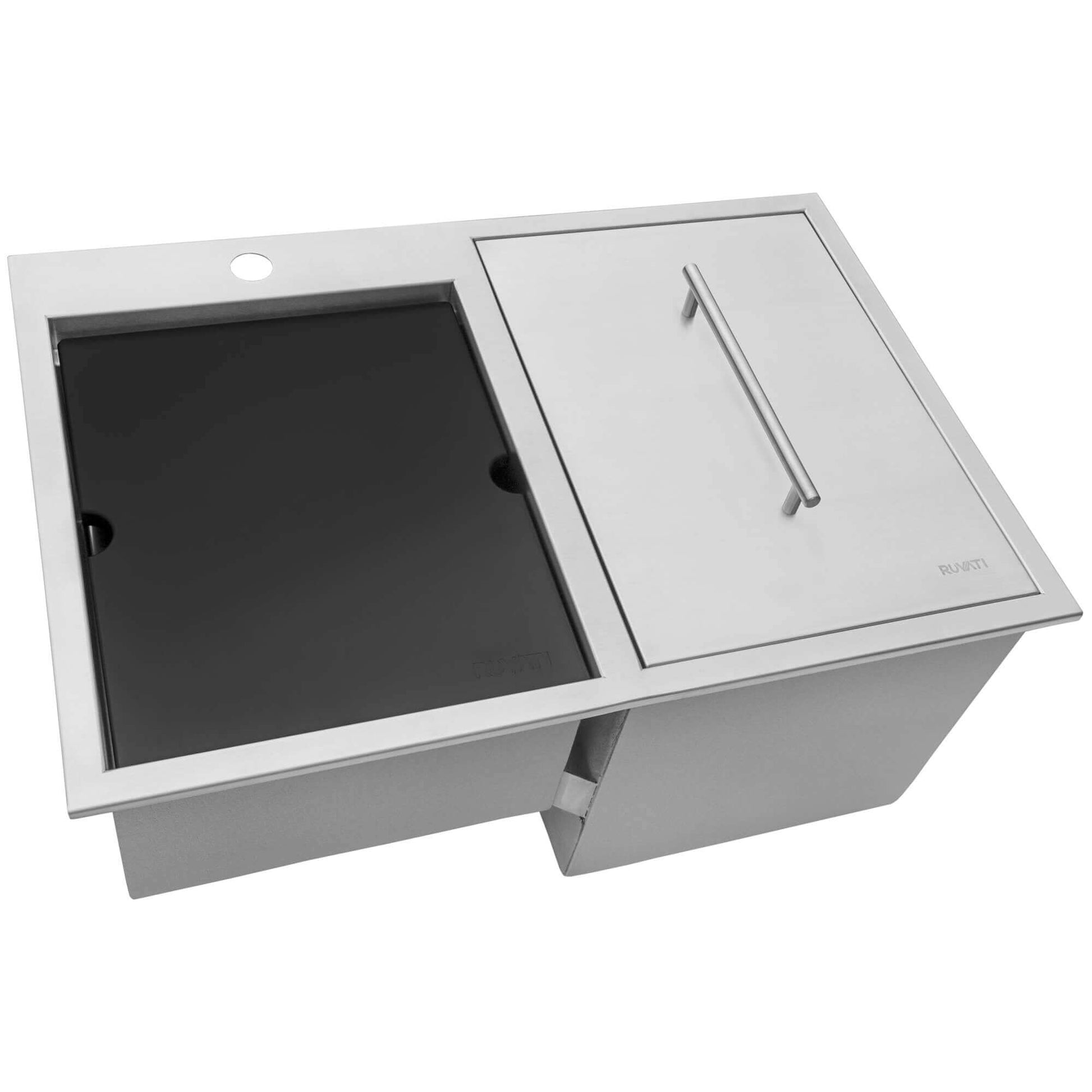 Ruvati Insulated Ice Chest and Outdoor Sink - Showing Included Ice Chest Lid and Cutting Board