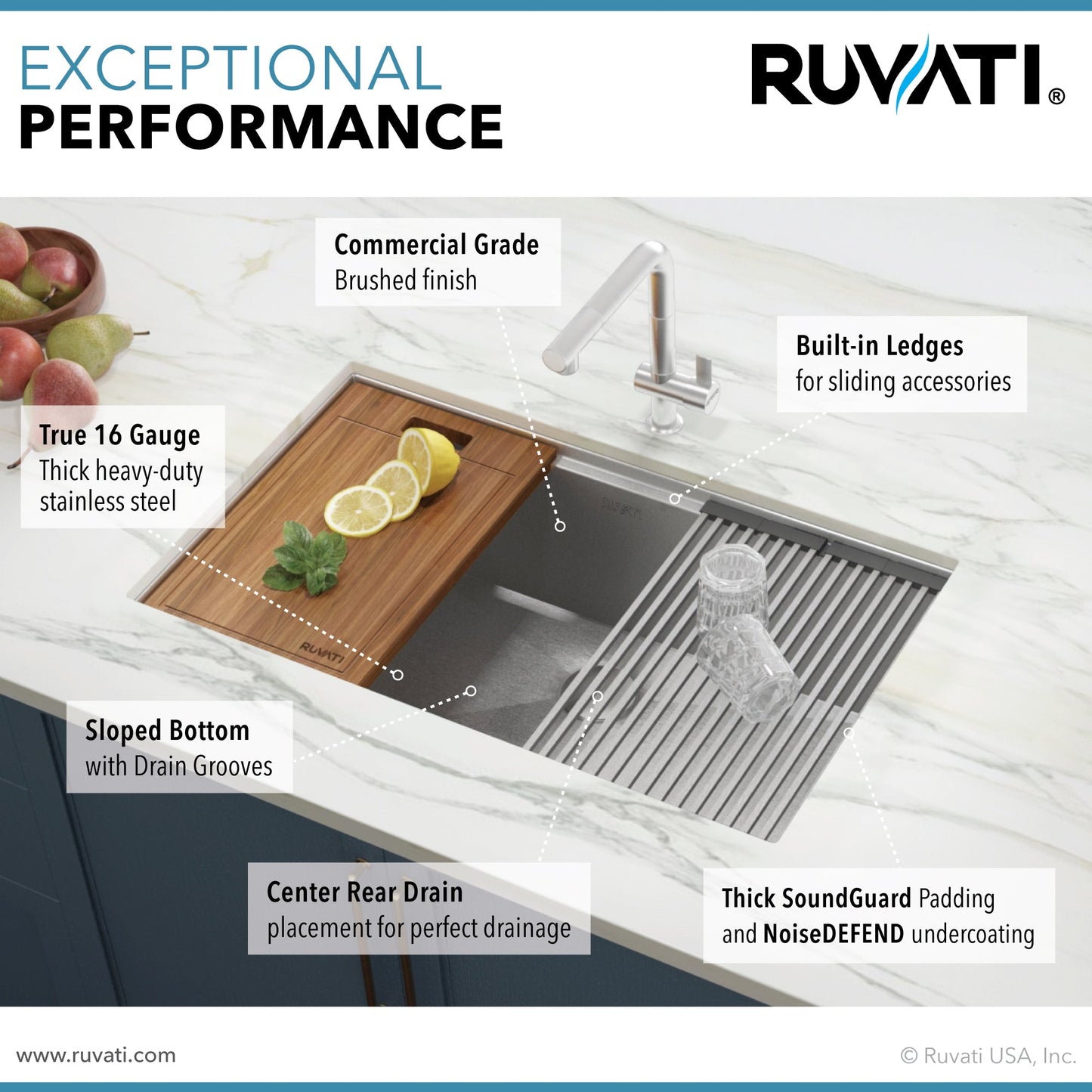 Ruvati Roma 32-inch Workstation Ledge Undermount 16 Gauge Stainless Steel Kitchen Sink Single Bowl - RVH8300