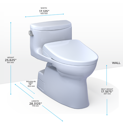 TOTO® WASHLET®+ Carolina® II One-Piece Elongated 1.28 GPF Toilet and WASHLET®+ S7 Contemporary Bidet Seat, Cotton White - MW6444726CEFG#01