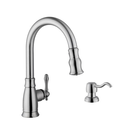 Traditional 1-Handle Pull-Down Kitchen Faucet with Dispenser in Brushed Nickel