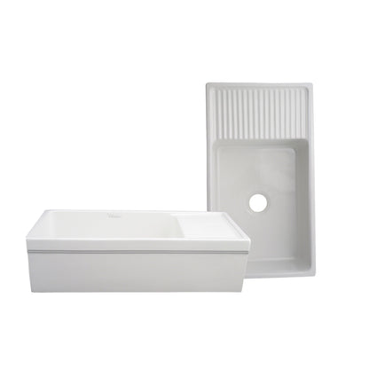 Whitehaus 36" Farmhaus Fireclay Quatro Alcove Large Reversible Sink with Integral Drainboard and Decorative Lip on Both Sides