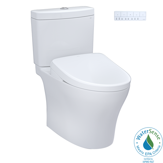 TOTO® WASHLET®+ Aquia® IV Two-Piece Elongated Dual Flush 1.28 and 0.9 GPF Toilet with Auto Flush S7A Contemporary Bidet Seat, Cotton White - MW4464736CEMFGNA#01