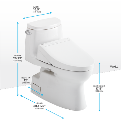 TOTO® WASHLET+® Carlyle® II One-Piece Elongated 1.28 GPF Toilet and WASHLET+® C5 Bidet Seat, Cotton White - MW6143084CEFG#01