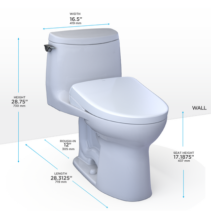 TOTO® WASHLET®+ UltraMax® II 1G® One-Piece Elongated 1.0 GPF Toilet and WASHLET®+ S7A Contemporary Bidet Seat, Cotton White - MW6044736CUFG#01