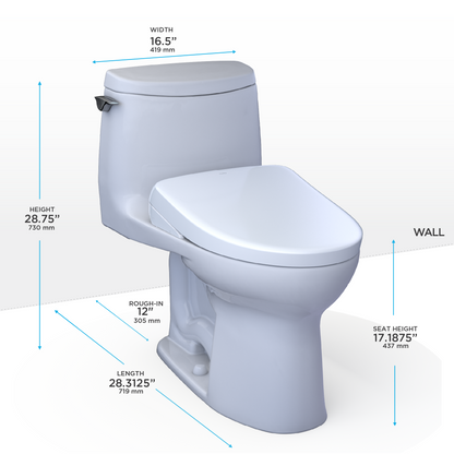 TOTO® WASHLET®+ UltraMax® II 1G® One-Piece Elongated 1.0 GPF Toilet with Auto Flush WASHLET®+ S7 Contemporary Bidet Seat, Cotton White - MW6044726CUFGA#01