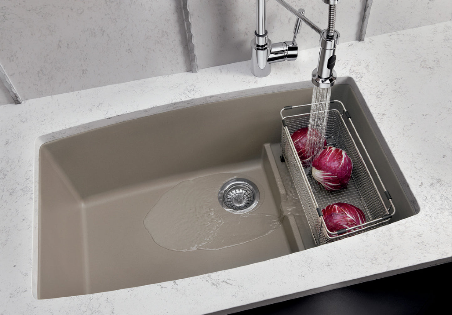Blanco Truffle-Color Blanco Performa 32" Cascade Silgranit Kitchen Sink in Kitchen Setting