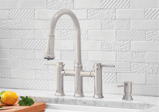 Blanco Empressa Bridge Kitchen Faucet in Polished Nickel lifestyle with white tile backsplash