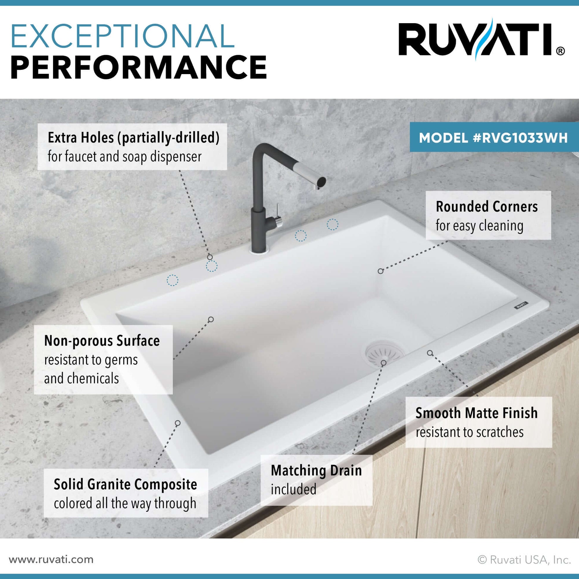 Ruvati 33 x 22 inch epiGranite Drop-in Topmount Granite Composite Single Bowl Kitchen Sink - Arctic White - RVG1033WH