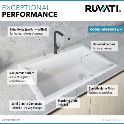 Ruvati 33 x 22 inch epiGranite Drop-in Topmount Granite Composite Single Bowl Kitchen Sink - Arctic White - RVG1033WH