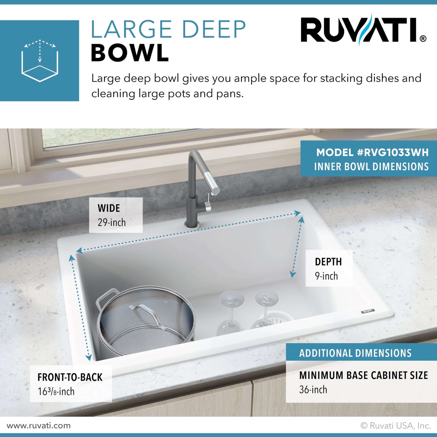 Ruvati 33 x 22 inch epiGranite Drop-in Topmount Granite Composite Single Bowl Kitchen Sink - Arctic White - RVG1033WH