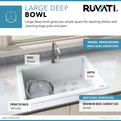 Ruvati 33 x 22 inch epiGranite Drop-in Topmount Granite Composite Single Bowl Kitchen Sink - Arctic White - RVG1033WH