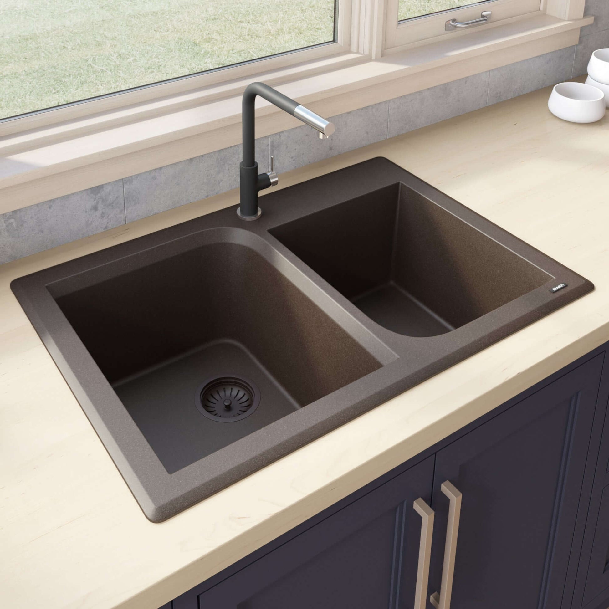 Ruvati 33 x 22 inch epiGranite Dual-Mount Granite Composite Double Bowl Kitchen Sink - Arctic White - RVG1396WH