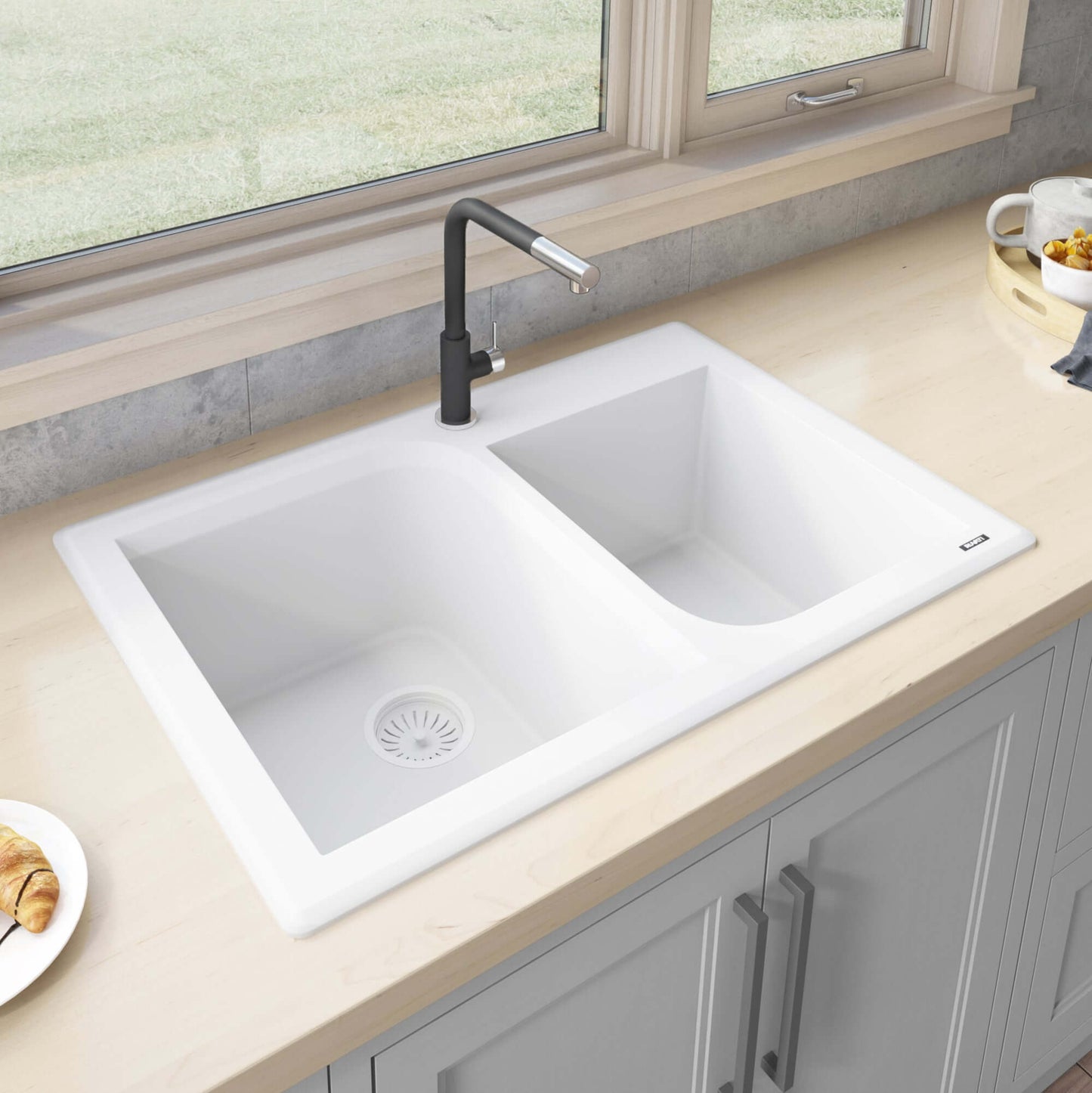 Ruvati 33 x 22 inch epiGranite Dual-Mount Granite Composite Double Bowl Kitchen Sink - Arctic White - RVG1396WH