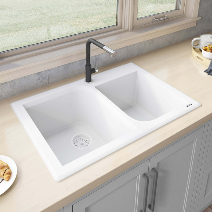 Ruvati 33 x 22 inch epiGranite Dual-Mount Granite Composite Double Bowl Kitchen Sink - Arctic White - RVG1396WH Kitchen Sink Ruvati Arctic White  